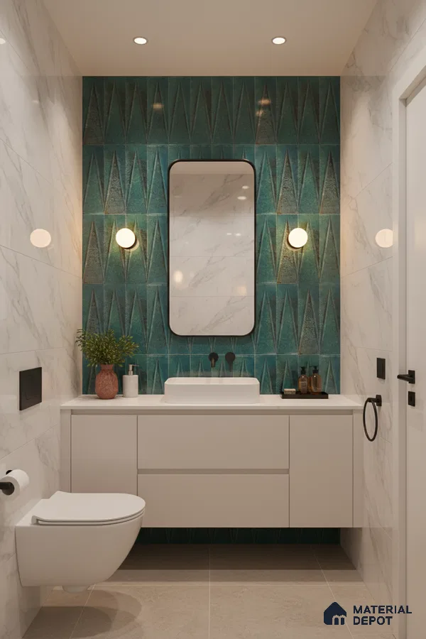 Modern bathroom with geometric teal highlighter wall tiles and white marble-look wall tiles | Material Depot
