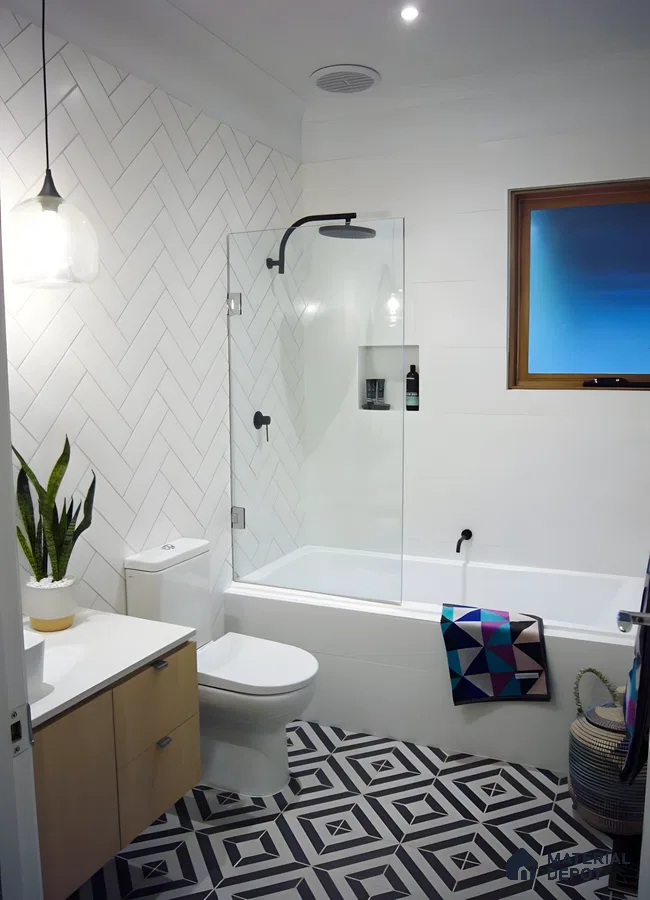 Modern Bathroom with Geometric Tiles and Wooden Vanity | Material Depot