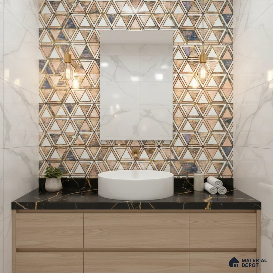 Modern bathroom with geometric triangle highlighter wall tile, marble wall tiles, and black marble countertop