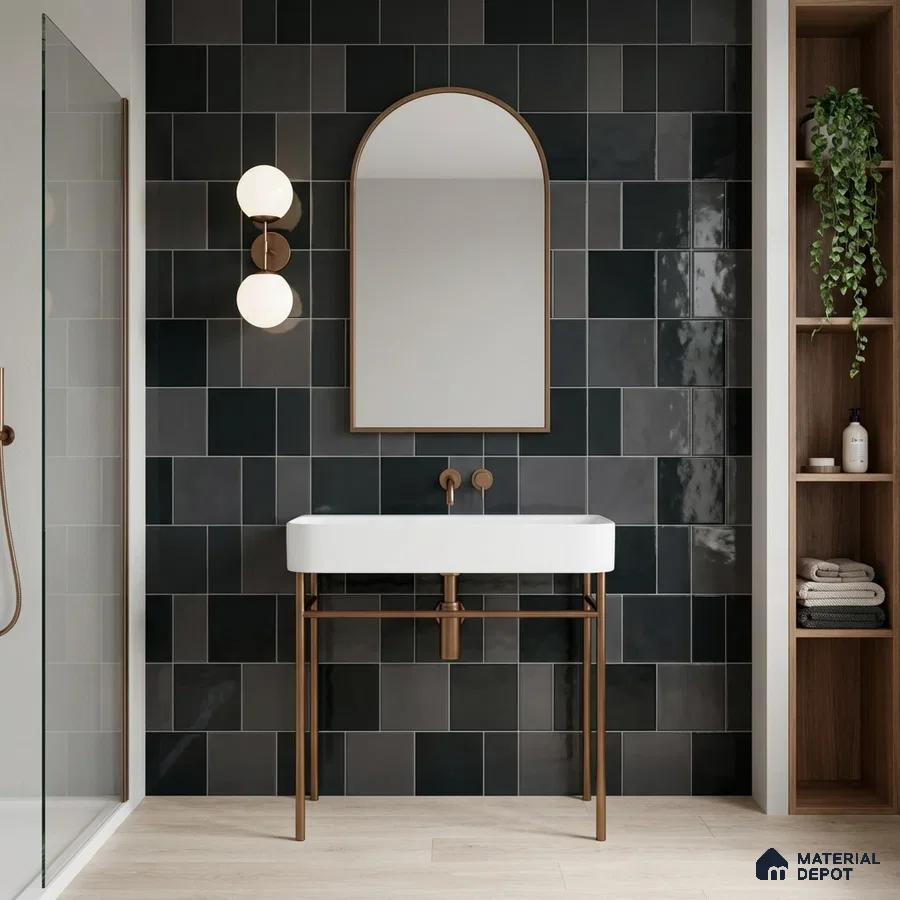 Modern bathroom with glossy black subway wall tiles and light wood floor tiles