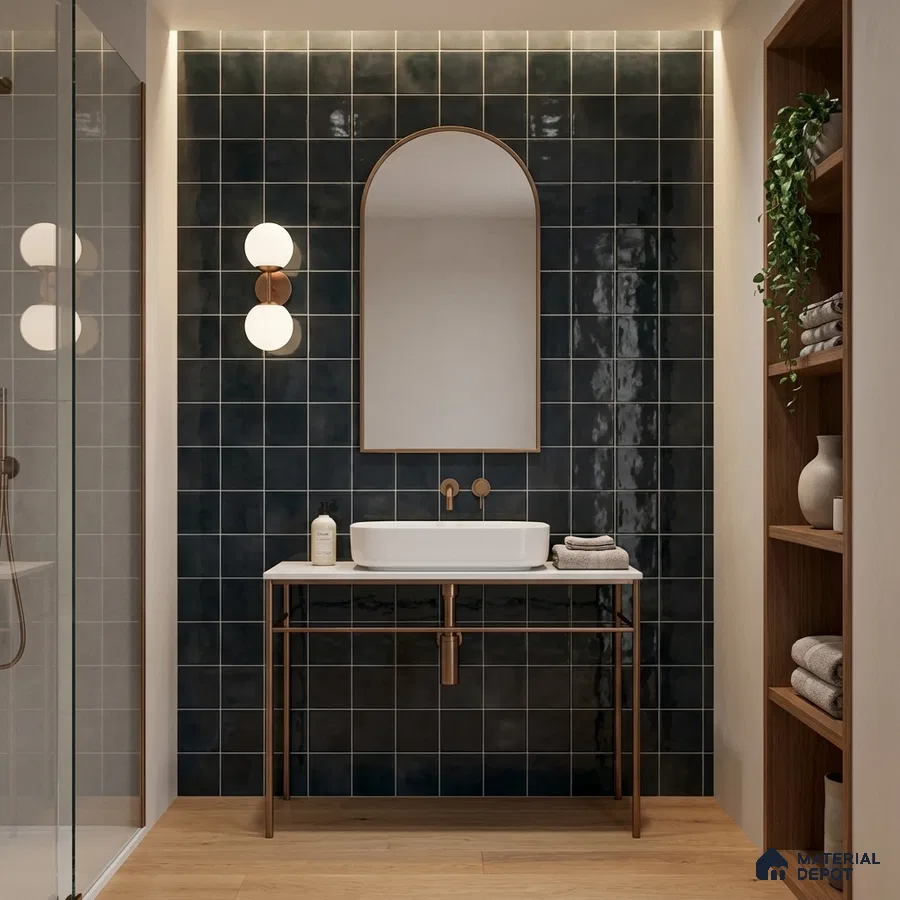 Modern bathroom with glossy deep blue square wall tiles and light oak wood flooring