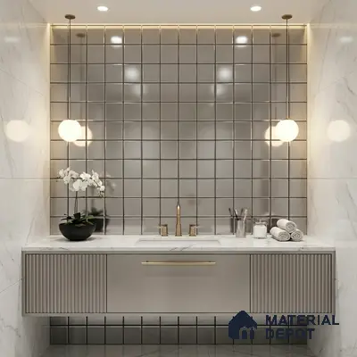 Modern bathroom with glossy grey square wall tiles, marble wall tiles, and fluted vanity