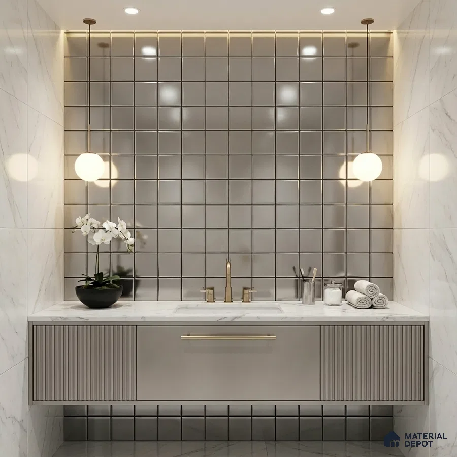 Modern bathroom with glossy grey square wall tiles, marble wall tiles, and fluted vanity