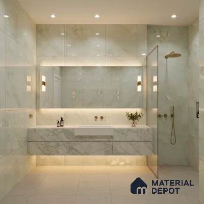 Modern bathroom with glossy marble-look wall tiles and floating marble vanity | Material Depot