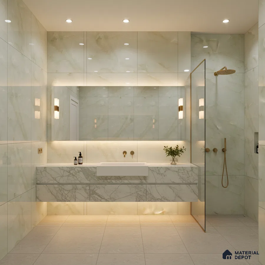 Modern bathroom with glossy marble-look wall tiles and floating marble vanity | Material Depot