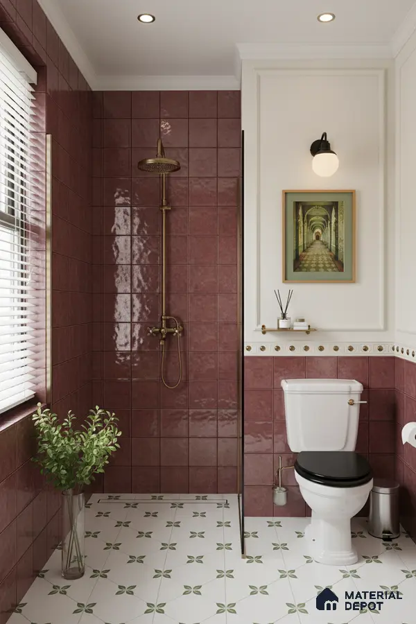 Modern bathroom with glossy maroon wall tiles and white patterned floor tiles | Material Depot