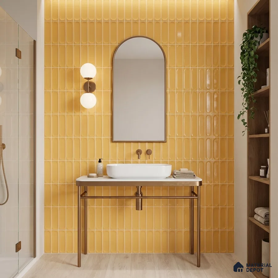 Modern bathroom with glossy mustard yellow kitkat wall tiles and light wood floor tiles