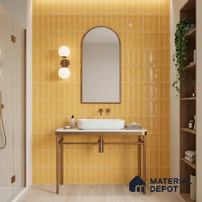 Modern bathroom with glossy mustard yellow kitkat wall tiles and light wood floor tiles