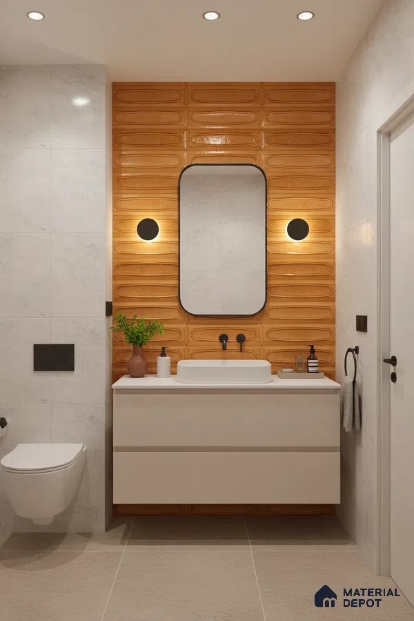 Modern bathroom with glossy ochre geometric wall tiles and marble-look wall tiles | Material Depot