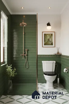 Modern bathroom with glossy olive green subway wall tiles and geometric patterned floor tiles | Material Depot
