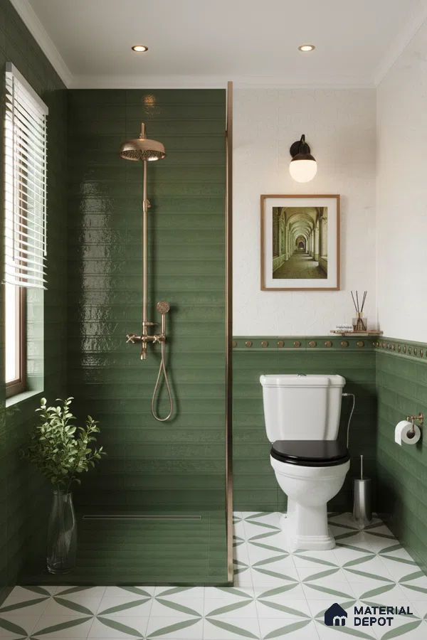 Modern bathroom with glossy olive green subway wall tiles and geometric patterned floor tiles | Material Depot