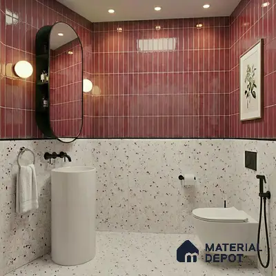 Modern bathroom with glossy terracotta kitkat wall tiles and terrazzo wall and floor tiles