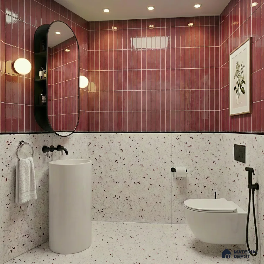 Modern bathroom with glossy terracotta kitkat wall tiles and terrazzo wall and floor tiles