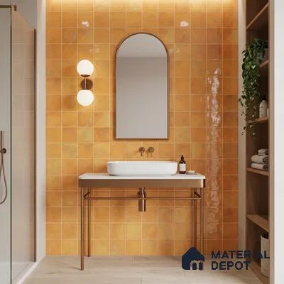 Modern bathroom with glossy terracotta wall tiles and light wood floor tiles