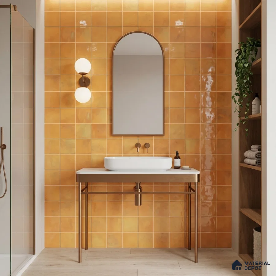 Modern bathroom with glossy terracotta wall tiles and light wood floor tiles