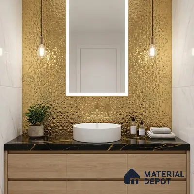 Modern bathroom with gold embossed wall tile, black marble countertop, and light oak vanity