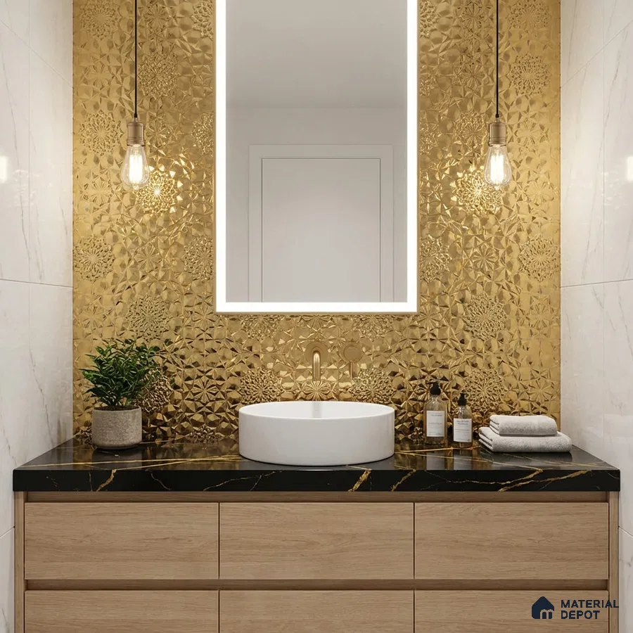 Modern bathroom with gold embossed wall tile, black marble countertop, and light oak vanity