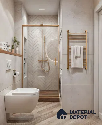Modern Bathroom with Gold Fixtures and Herringbone Tiles | Material Depot