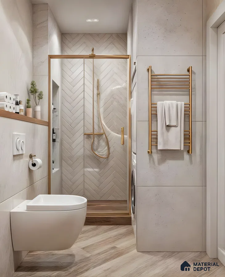 Modern Bathroom with Gold Fixtures and Herringbone Tiles | Material Depot
