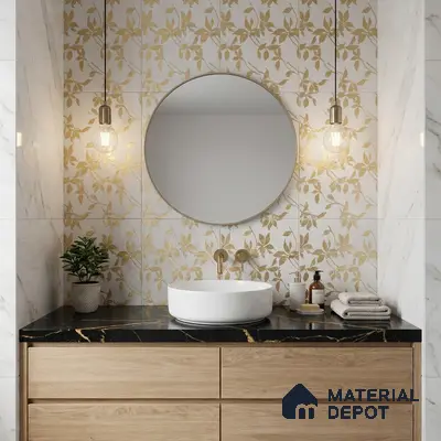 Modern bathroom with gold floral wall tiles, black marble countertop, and light oak vanity
