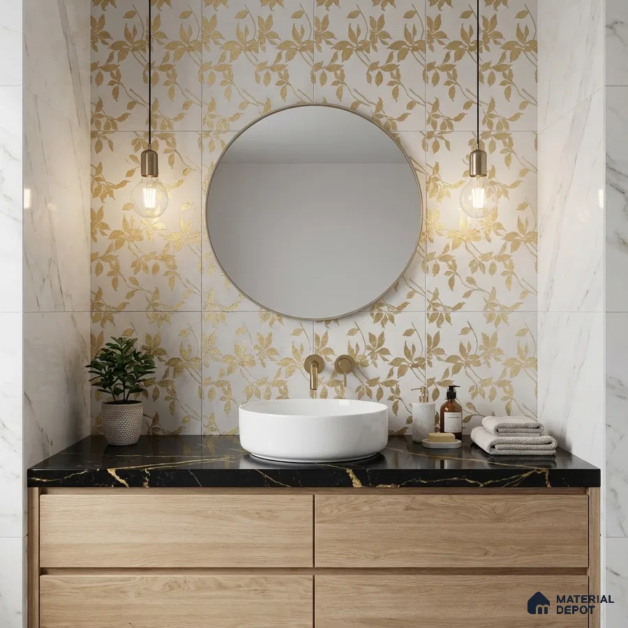 Modern bathroom with gold floral wall tiles, black marble countertop, and light oak vanity