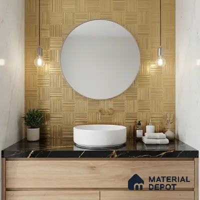 Modern bathroom with gold geometric wall tile, black marble countertop, and light oak vanity