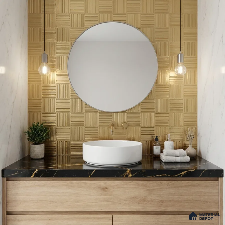 Modern bathroom with gold geometric wall tile, black marble countertop, and light oak vanity