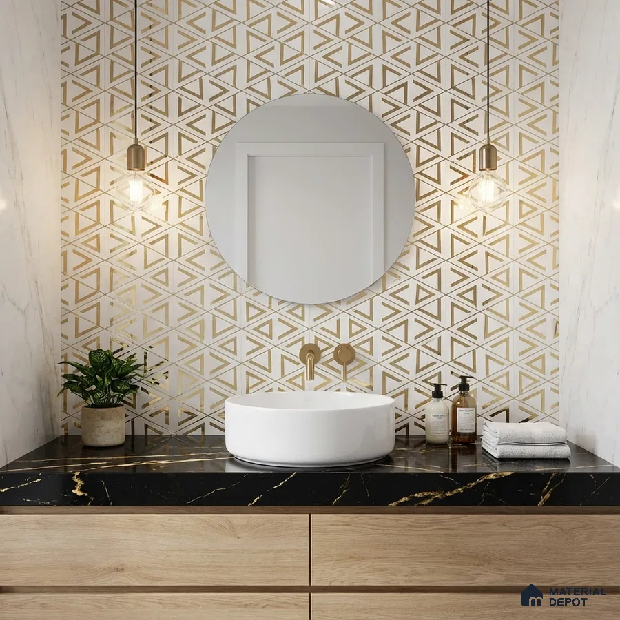 Modern bathroom with gold geometric wall tile, black marble countertop, and light oak wood vanity