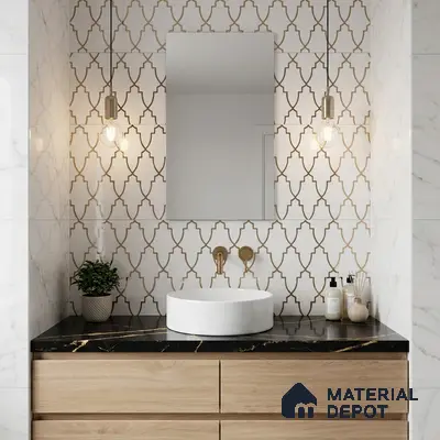 Modern bathroom with gold geometric wall tiles, black marble countertop, and light oak vanity