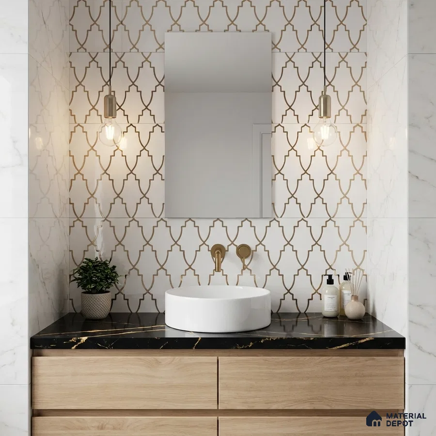 Modern bathroom with gold geometric wall tiles, black marble countertop, and light oak vanity