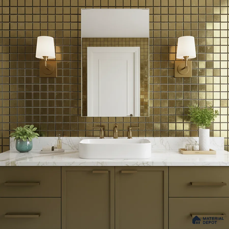 Modern bathroom with gold metallic mosaic wall tiles and marble countertop vanity
