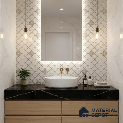 Modern bathroom with gold moroccan wall tiles, black marble countertop, and light oak vanity