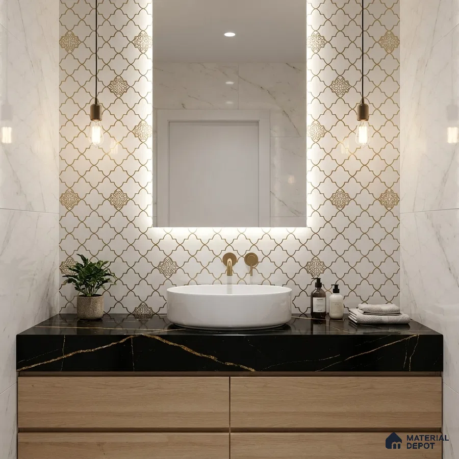 Modern bathroom with gold moroccan wall tiles, black marble countertop, and light oak vanity