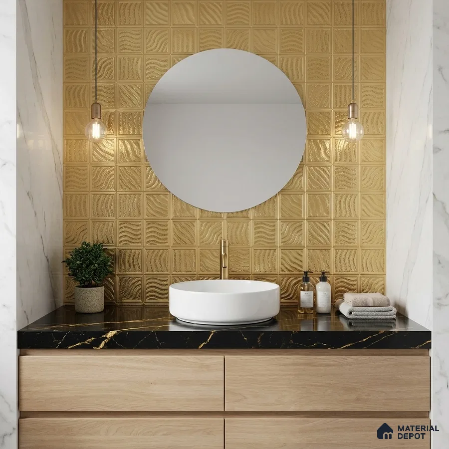 Modern bathroom with gold textured wall tiles, black marble countertop, and light oak vanity