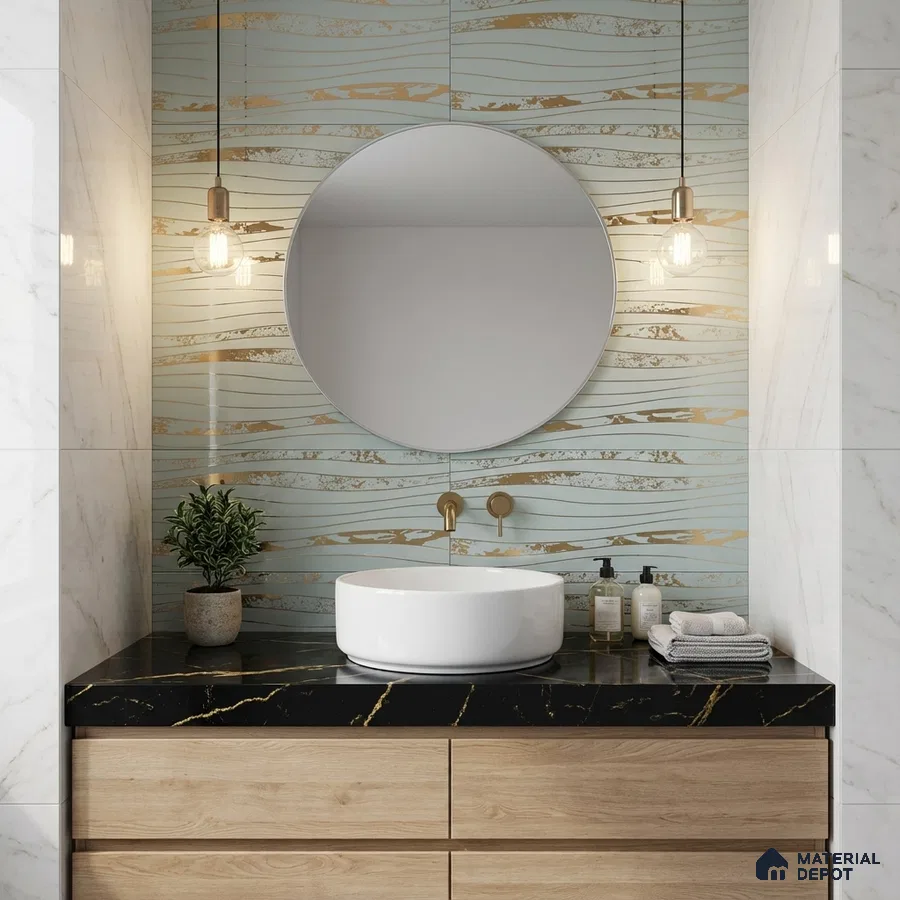 Modern bathroom with gold wave patterned wall tile, black marble countertop, and light oak wood vanity