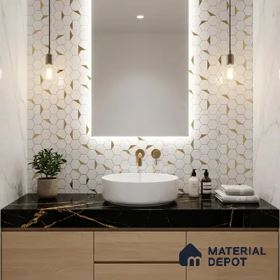 Modern bathroom with gold-accent geometric wall tiles, black marble countertop, and light oak vanity