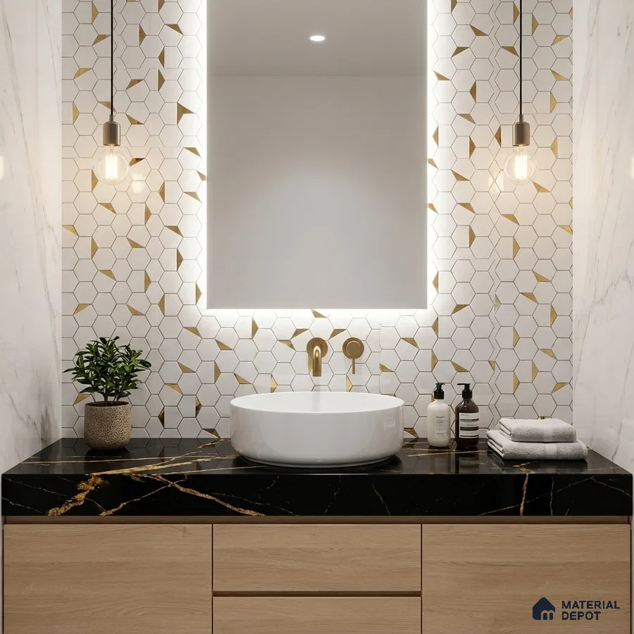 Modern bathroom with gold-accent geometric wall tiles, black marble countertop, and light oak vanity