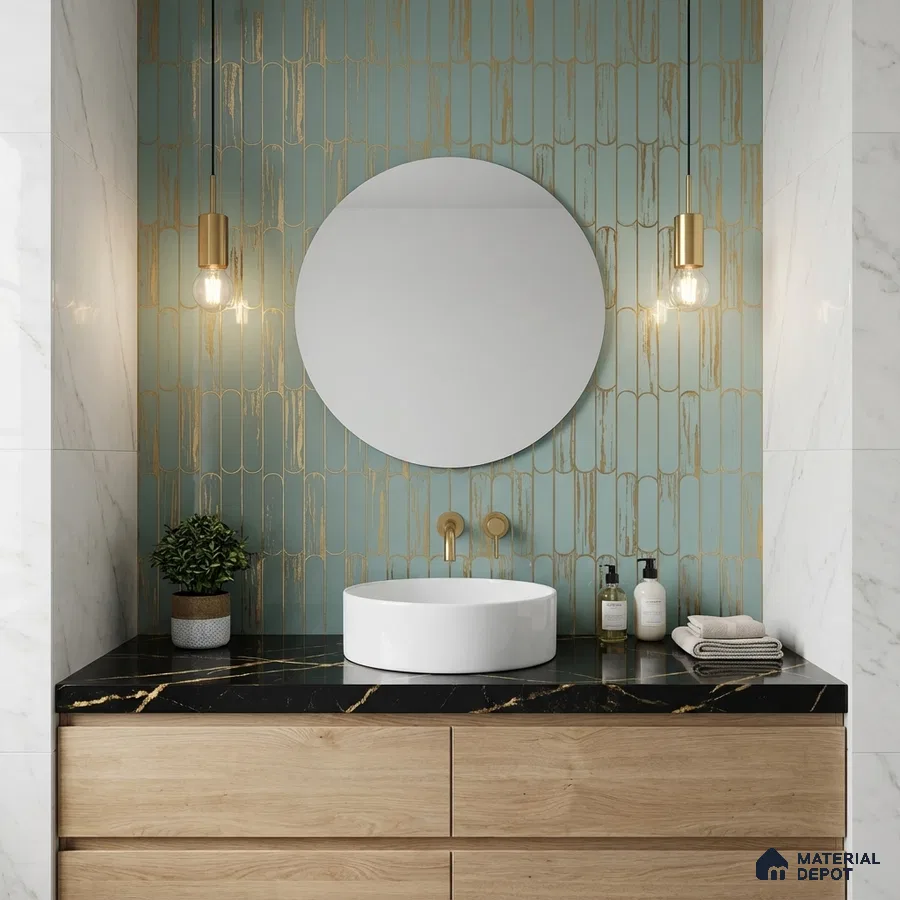 Modern bathroom with gold-detailed blue kitkat wall tile, black marble countertop, and light oak vanity