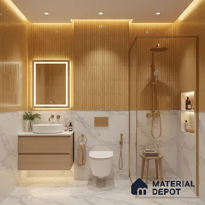 Modern bathroom with golden fluted wall tiles and white marble-look tiles | Material Depot