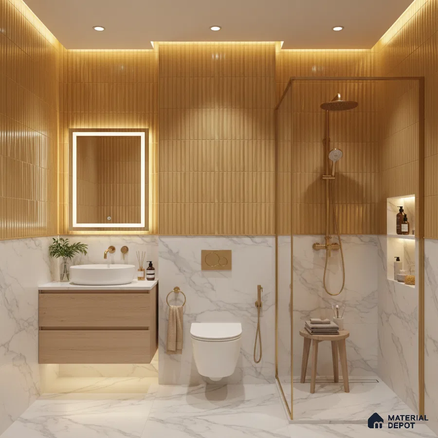 Modern bathroom with golden fluted wall tiles and white marble-look tiles | Material Depot