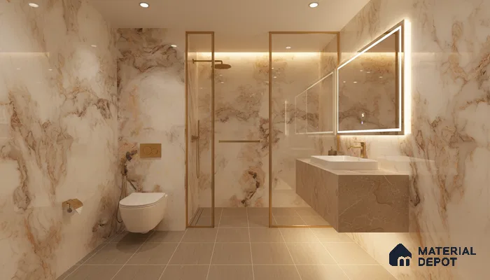 Modern bathroom with gold-veined marble look wall tiles and beige stone floating vanity | Material Depot
