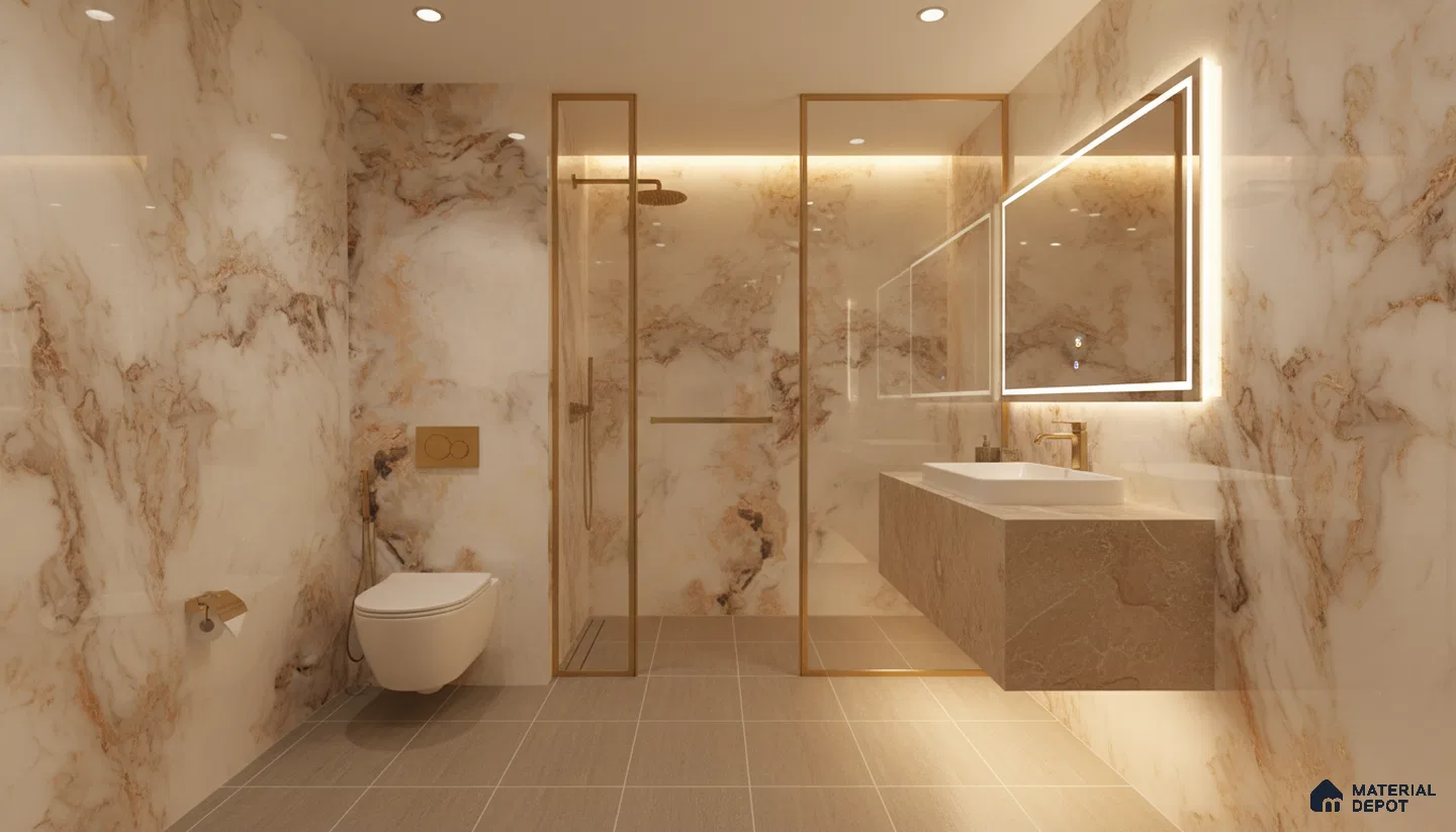 Modern bathroom with gold-veined marble look wall tiles and beige stone floating vanity | Material Depot