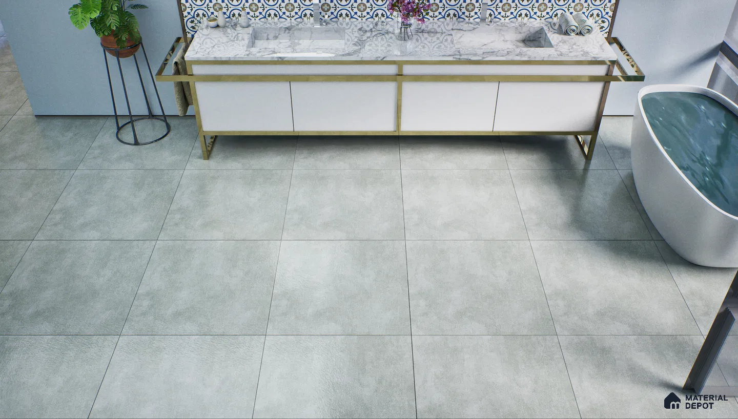 Modern Bathroom with Gray Tile Flooring and Patterned Wall | Material Depot