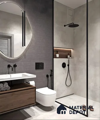 Modern Bathroom with Gray Tiles and Black Accents | Material Depot
