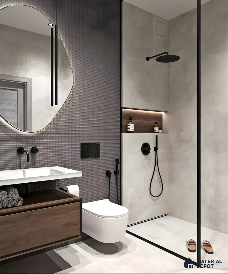 Modern Bathroom with Gray Tiles and Black Accents | Material Depot