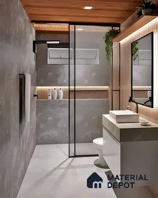 Modern Bathroom with Gray Walls and Wooden Accents | Material Depot