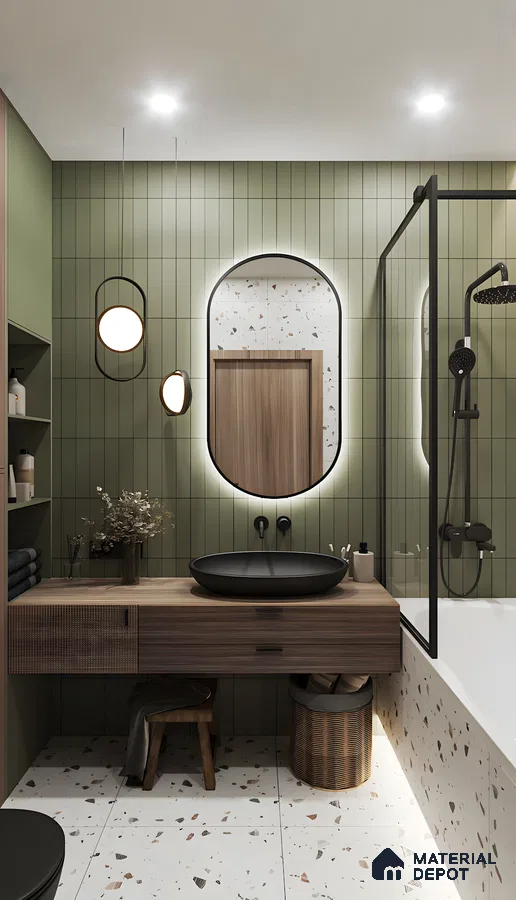 Modern Bathroom with Green Accent Wall | Material Depot