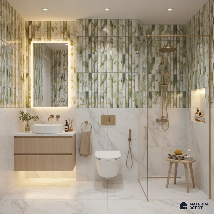 Modern bathroom with green and gold kitkat highlighter wall tiles and white marble-look floor tiles | Material Depot