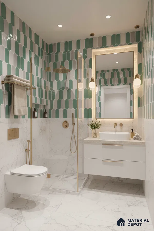 Modern bathroom with green and grey scallop wall tiles and white marble-look floor and wall tiles | Material Depot