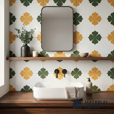 Modern bathroom with green and mustard patterned wall tiles and walnut wood countertop